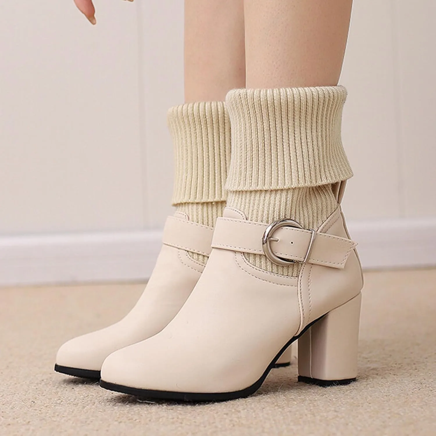 Ankle Boots for Women Comfy Solid Color Casual Knit Wool Boots Pointed Toe Chunky Heel Buckle Short and Ankle Boots