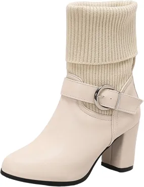 Ankle Boots for Women Comfy Solid Color Casual Knit Wool Boots Pointed Toe Chunky Heel Buckle Short and Ankle Boots