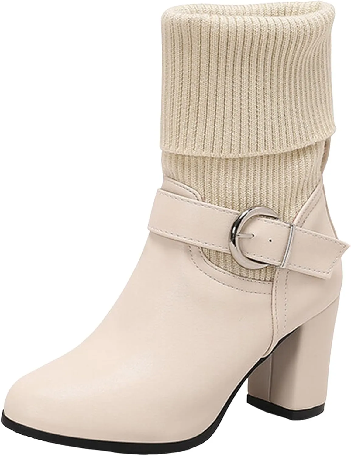 Ankle Boots for Women Comfy Solid Color Casual Knit Wool Boots Pointed Toe Chunky Heel Buckle Short and Ankle Boots