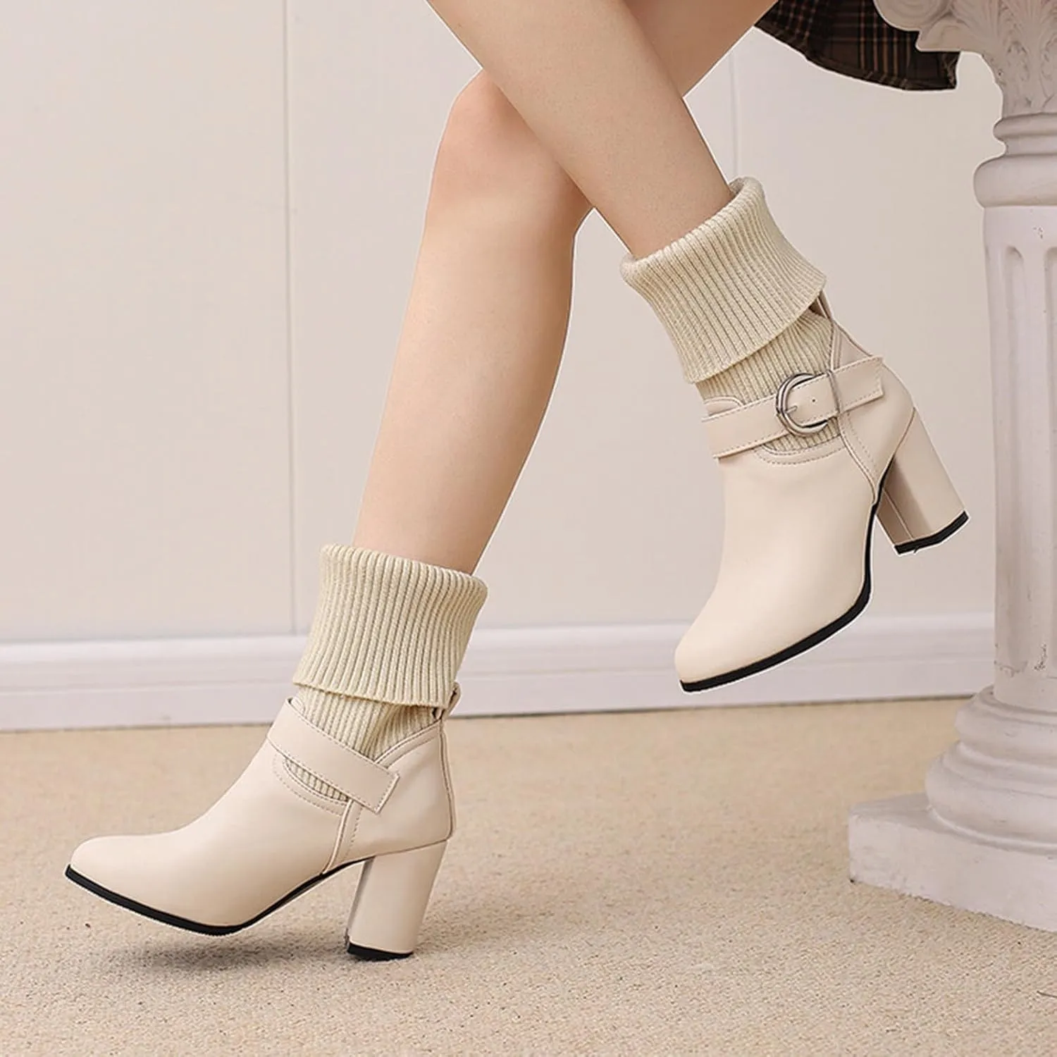 Ankle Boots for Women Comfy Solid Color Casual Knit Wool Boots Pointed Toe Chunky Heel Buckle Short and Ankle Boots
