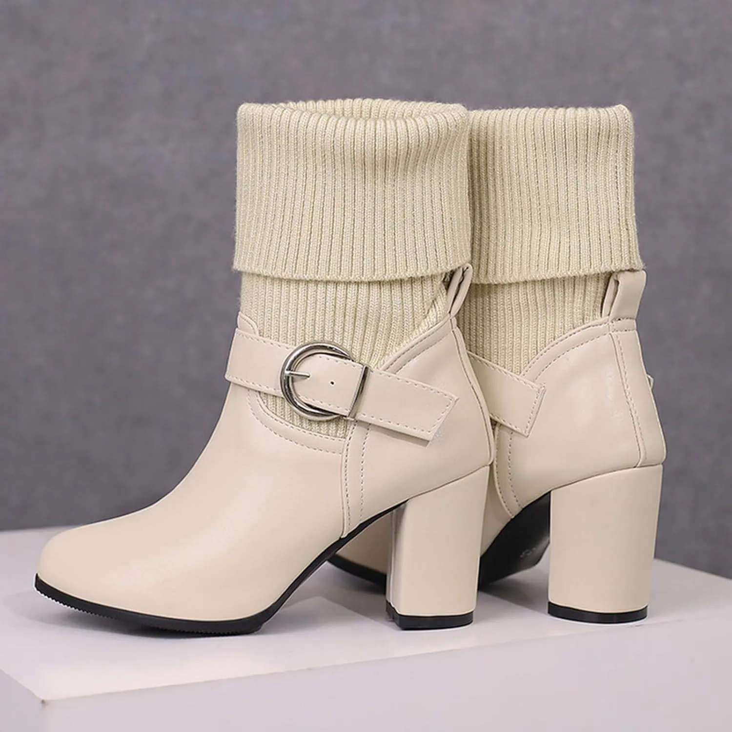 Ankle Boots for Women Comfy Solid Color Casual Knit Wool Boots Pointed Toe Chunky Heel Buckle Short and Ankle Boots