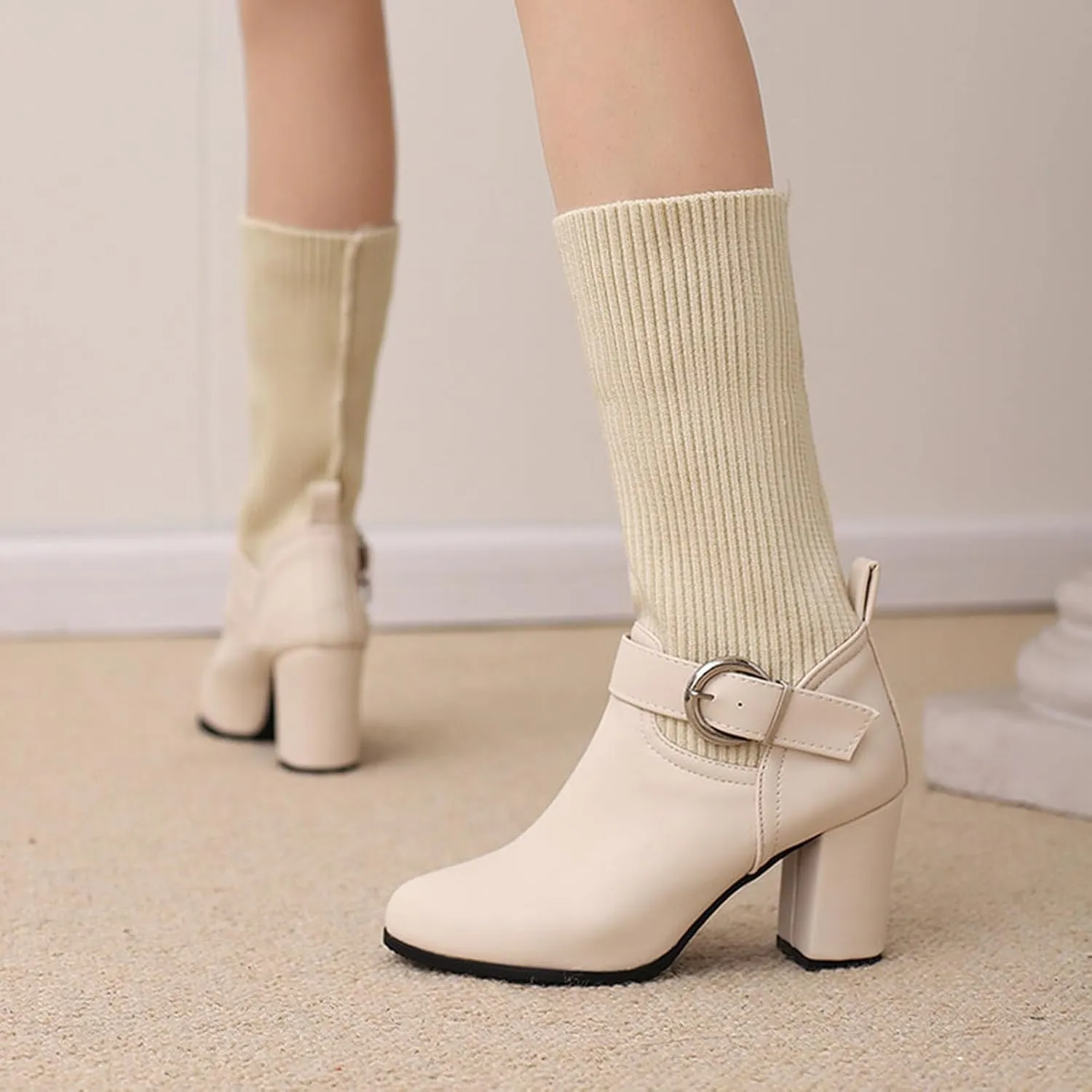 Ankle Boots for Women Comfy Solid Color Casual Knit Wool Boots Pointed Toe Chunky Heel Buckle Short and Ankle Boots