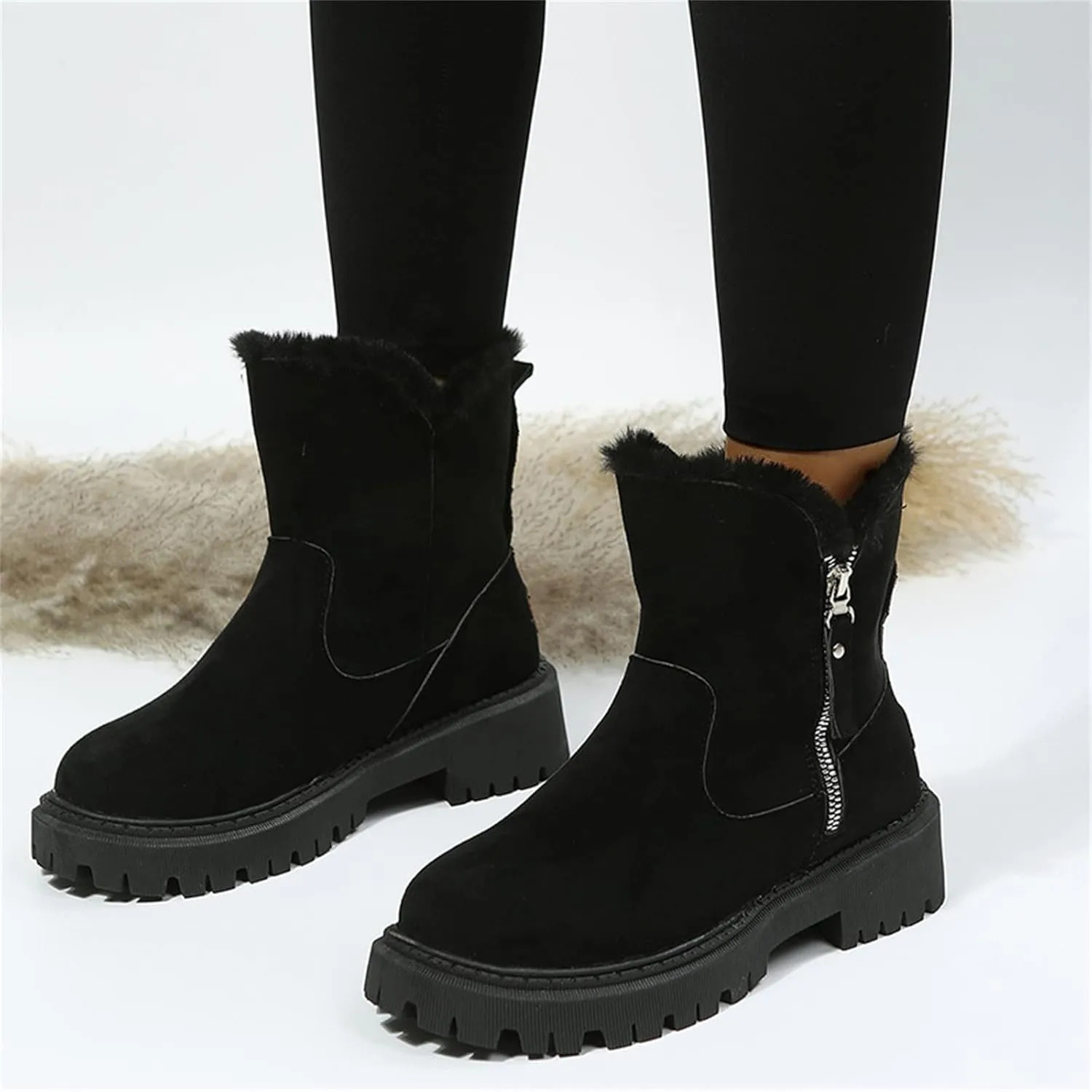 Ladmiple Snow Boots For Women Cute High Top Winter Ankle Booties Slip on Fur Lined Cold Weather Warm Mid Calf Walking Shoes