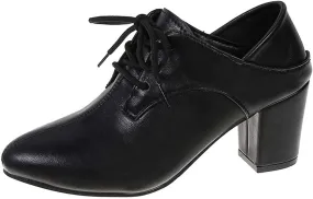 Leather Shoes for Women's British Style Chunky Heels Pointed Toe Lace up Dress Shoes Low Top Slip On Loafer Sneaker