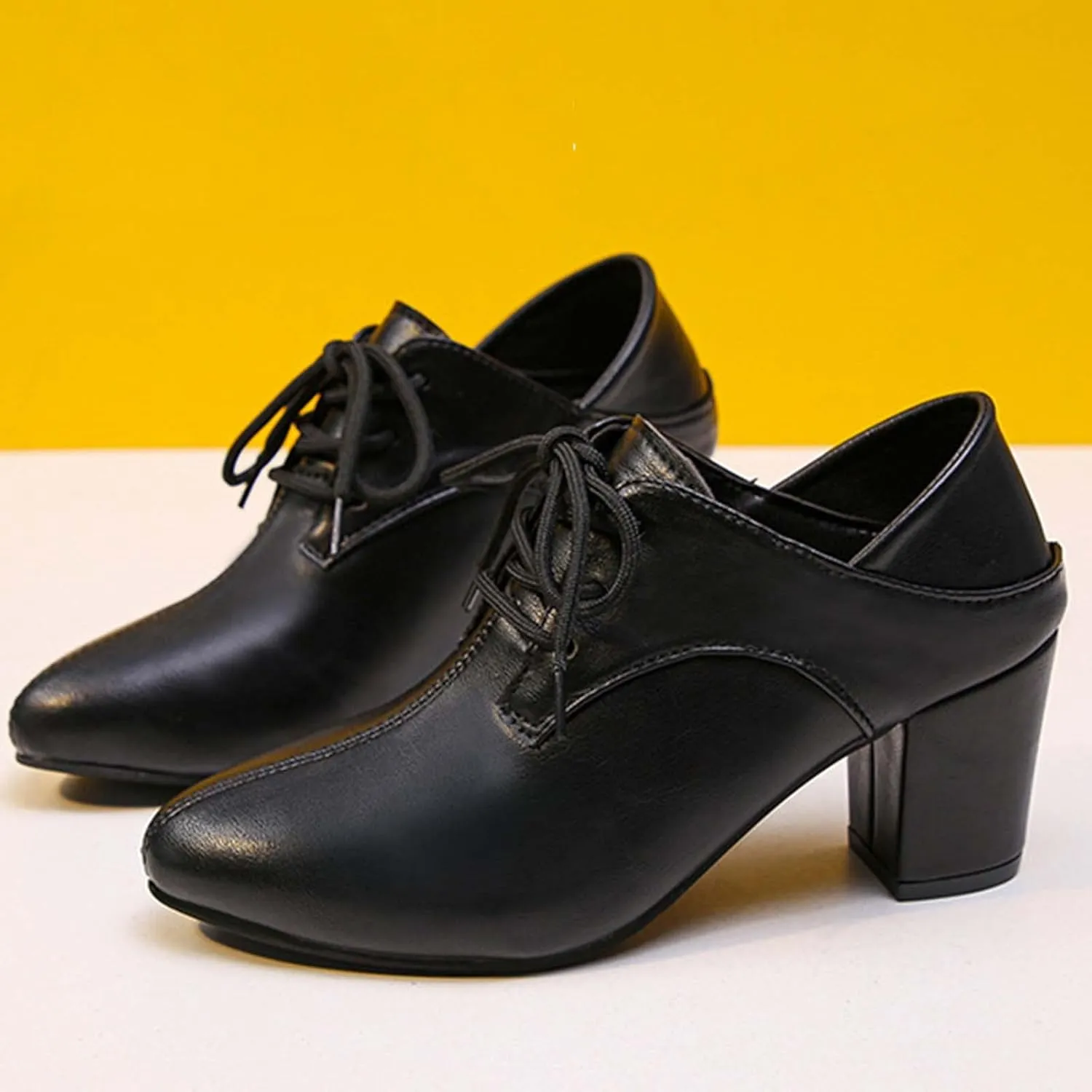 Leather Shoes for Women's British Style Chunky Heels Pointed Toe Lace up Dress Shoes Low Top Slip On Loafer Sneaker