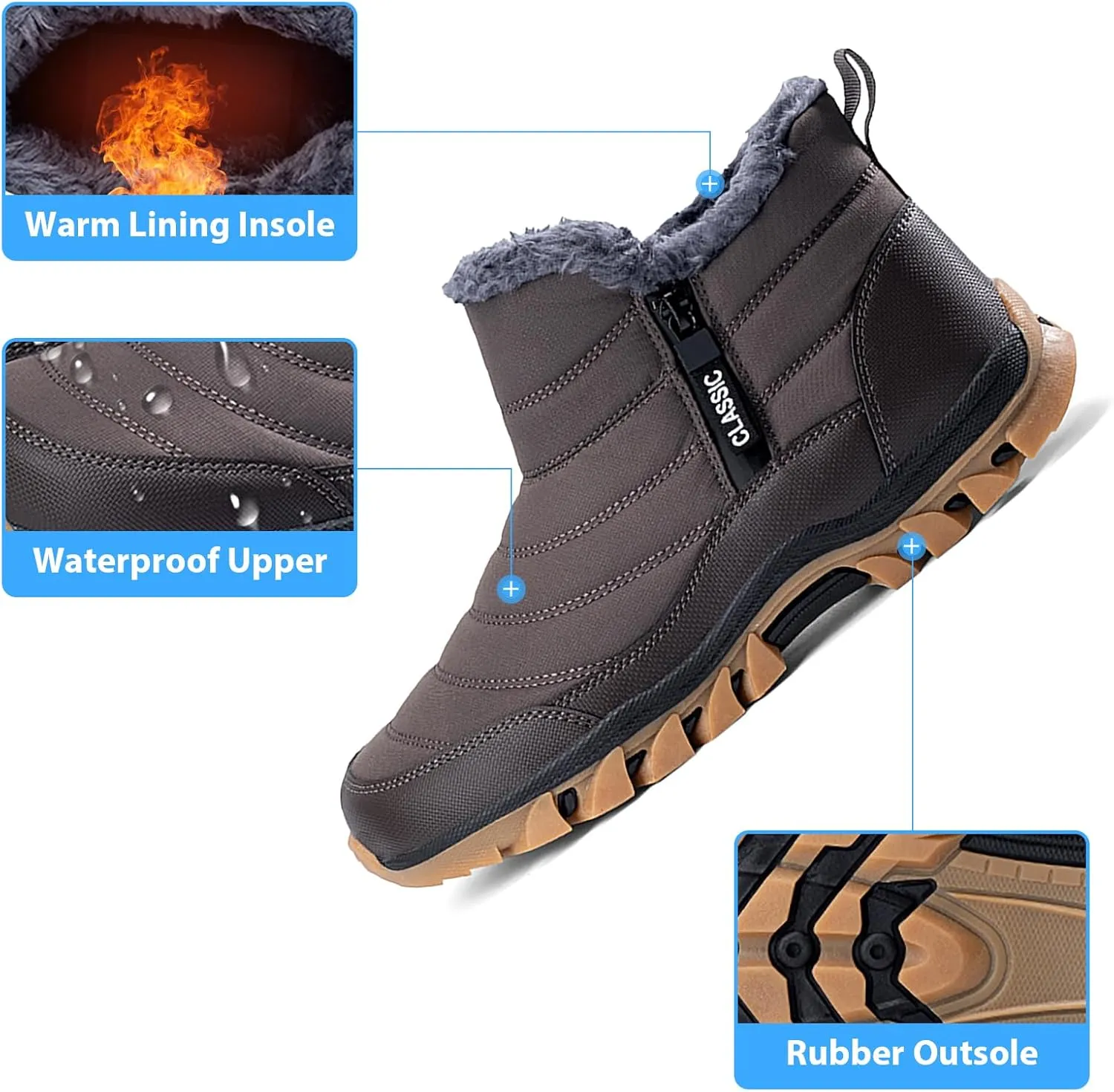 Men's Snow Boots Lightweight Waterproof Winter Boots Fur Lined Anti-slip Cold Weather Shoes Winter Trekking Warm Ankle Boots