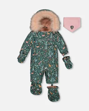 One Piece Baby Snowsuit Sage Printed Woodland Animals Designed For Car Seat