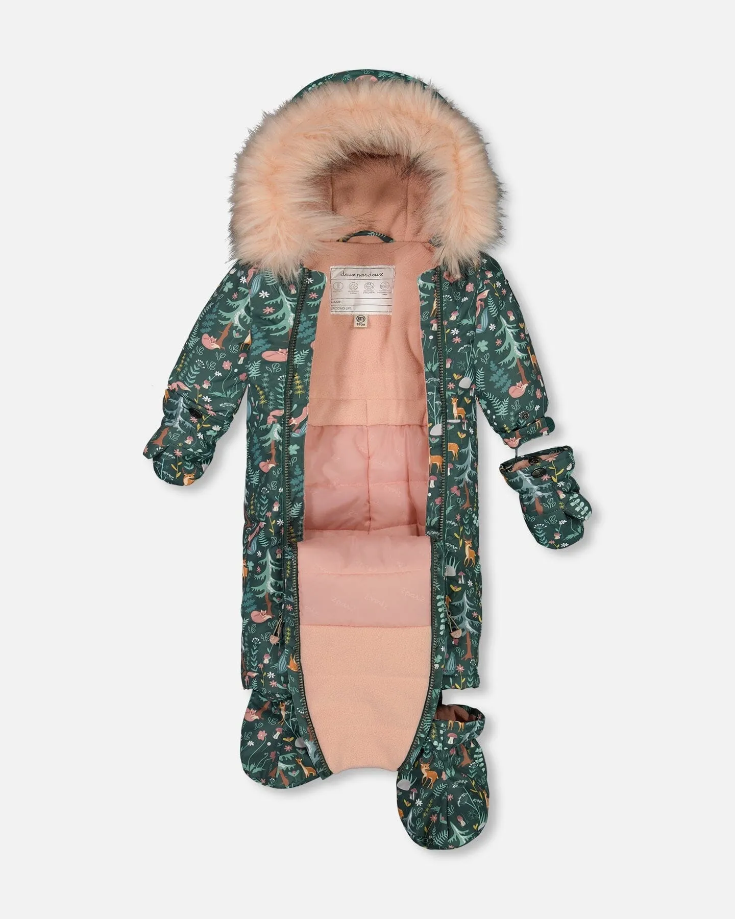 One Piece Baby Snowsuit Sage Printed Woodland Animals Designed For Car Seat