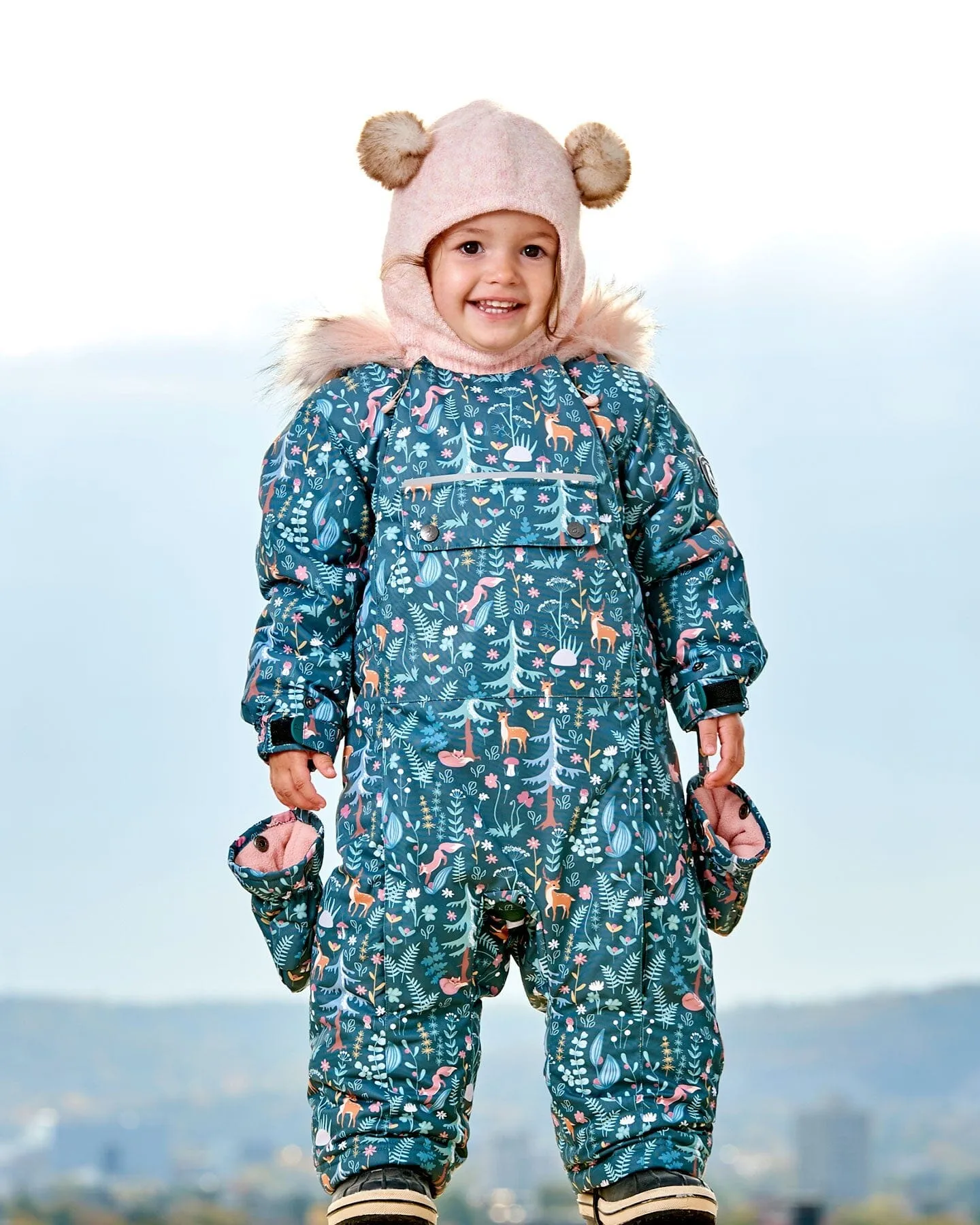 One Piece Baby Snowsuit Sage Printed Woodland Animals Designed For Car Seat