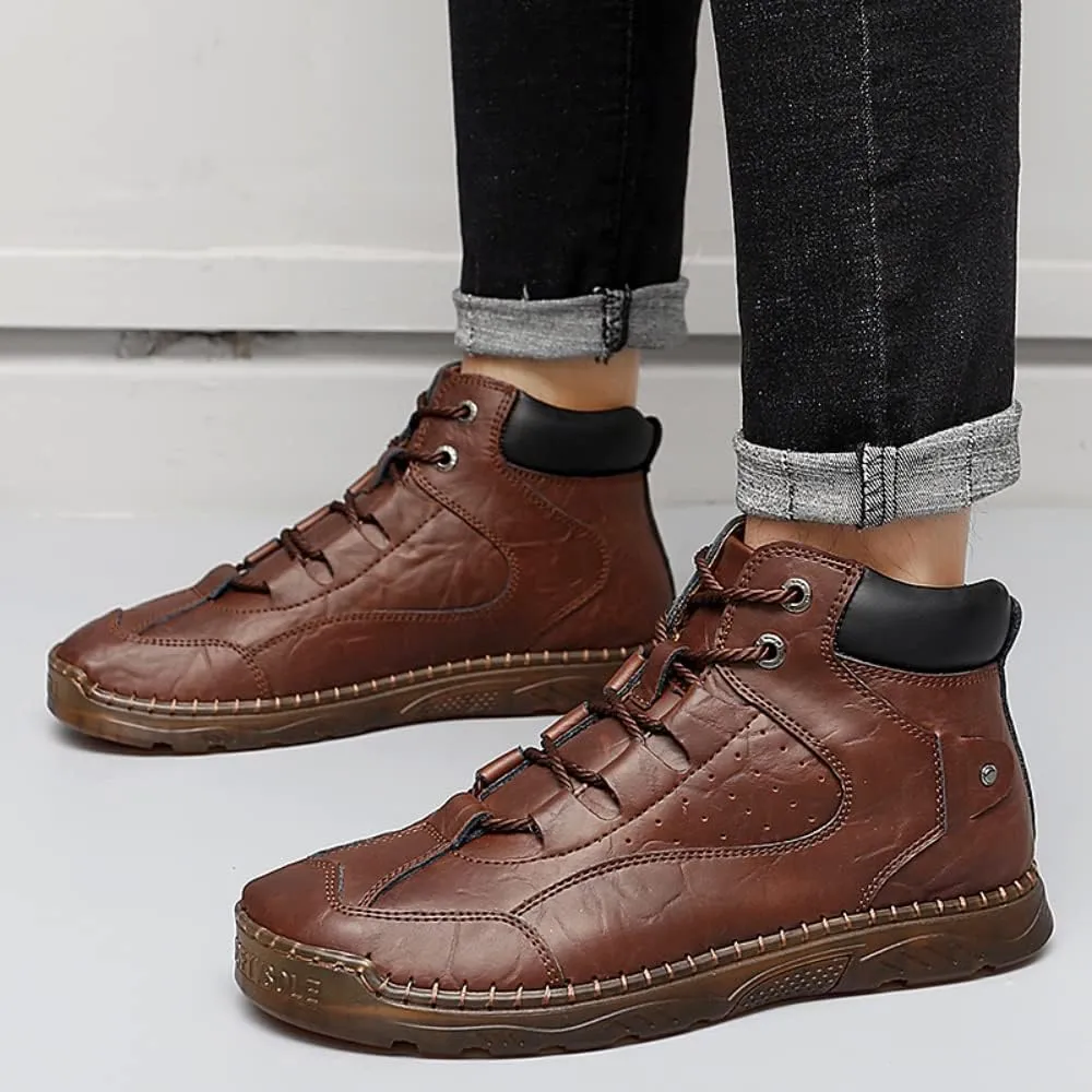 SUKKCCNO Cowhide Fashion Men's Low Top Boots Comfortable Casual Oxford Ankle Lace Up Boots Fashion Versatile Real Leather Upper Shoes