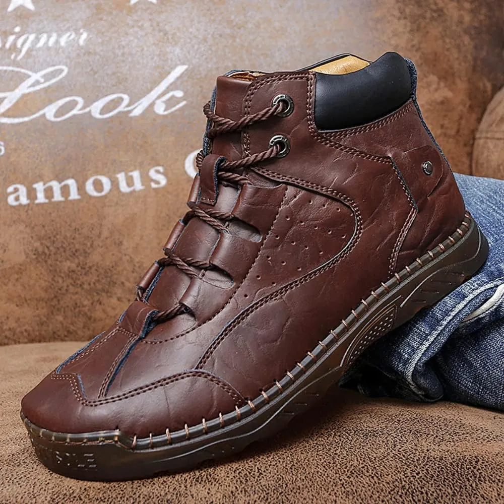 SUKKCCNO Cowhide Fashion Men's Low Top Boots Comfortable Casual Oxford Ankle Lace Up Boots Fashion Versatile Real Leather Upper Shoes