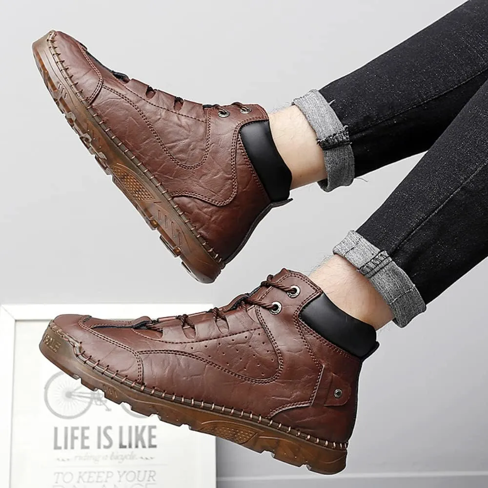 SUKKCCNO Cowhide Fashion Men's Low Top Boots Comfortable Casual Oxford Ankle Lace Up Boots Fashion Versatile Real Leather Upper Shoes
