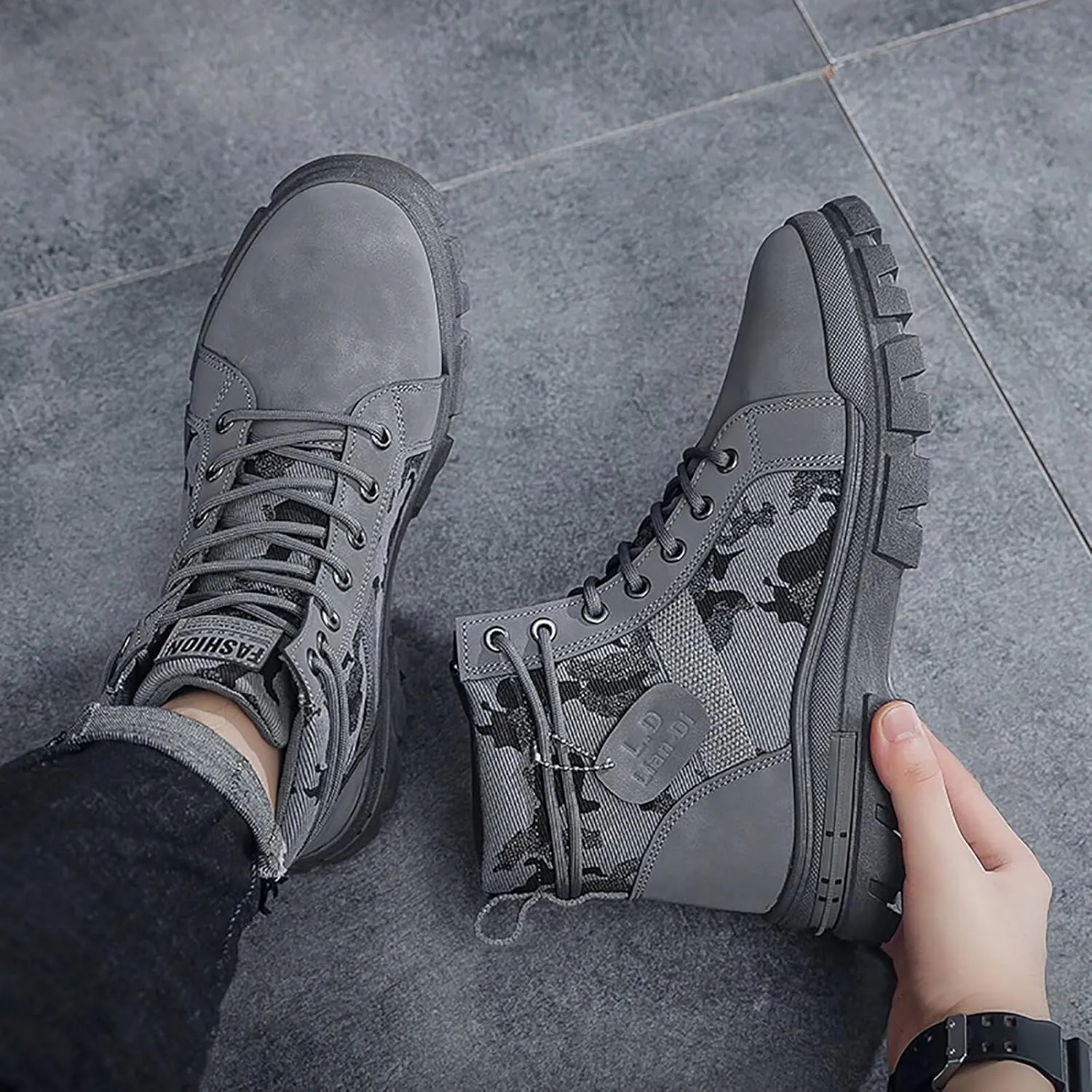 TERBOFIN Men's Fashion Boots High-top Hiking Shoes for Men Canvas Casual Boots for Work Outdoor Camouflage Upper