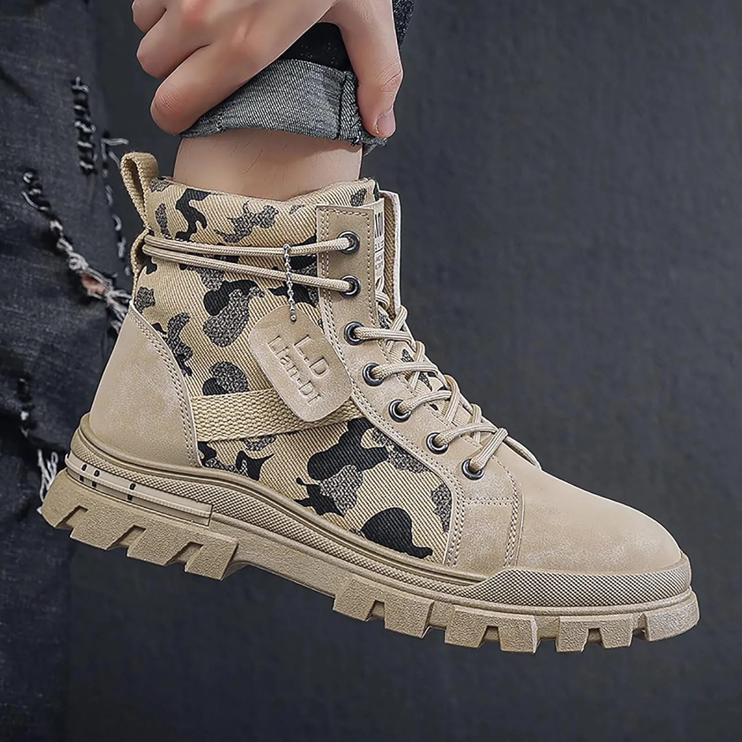 TERBOFIN Men's Fashion Boots High-top Hiking Shoes for Men Canvas Casual Boots for Work Outdoor Camouflage Upper