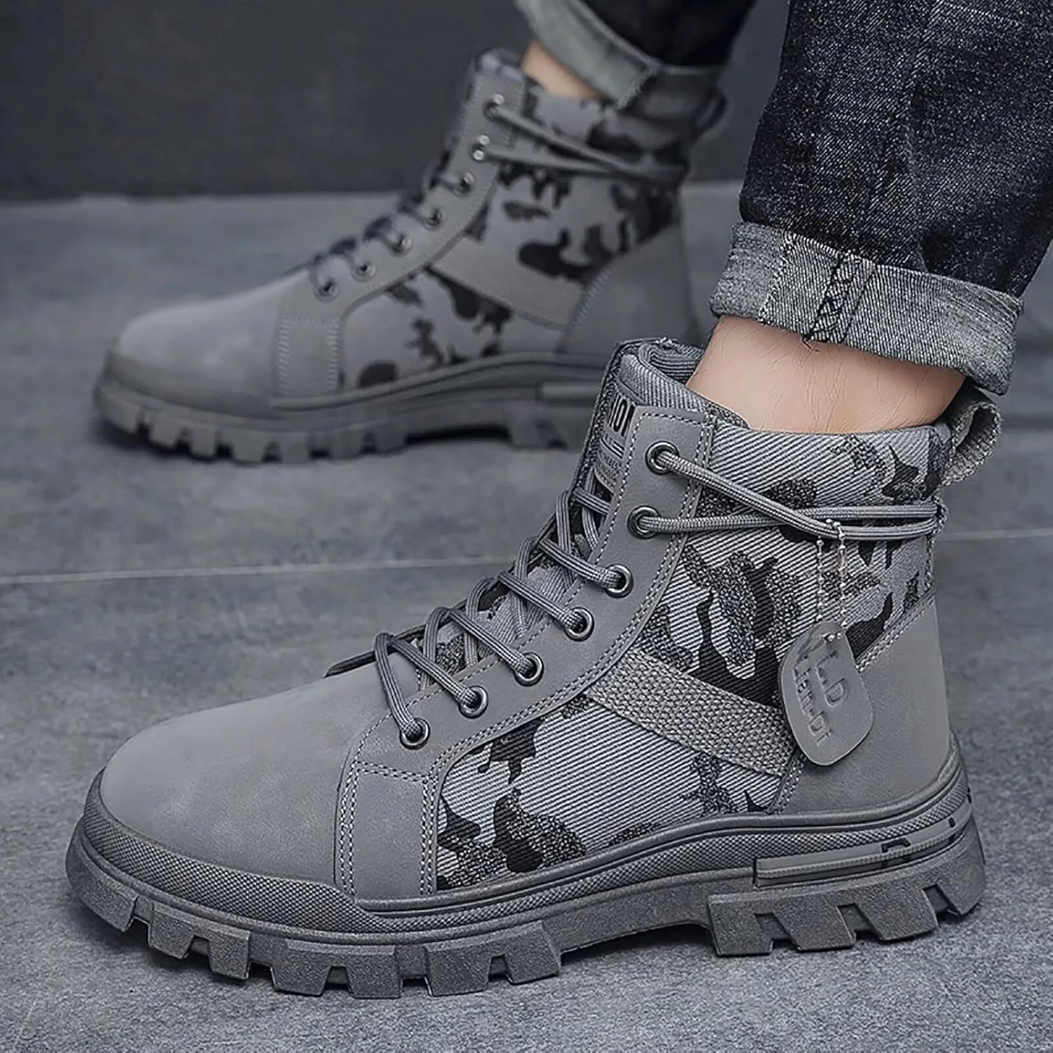 TERBOFIN Men's Fashion Boots High-top Hiking Shoes for Men Canvas Casual Boots for Work Outdoor Camouflage Upper