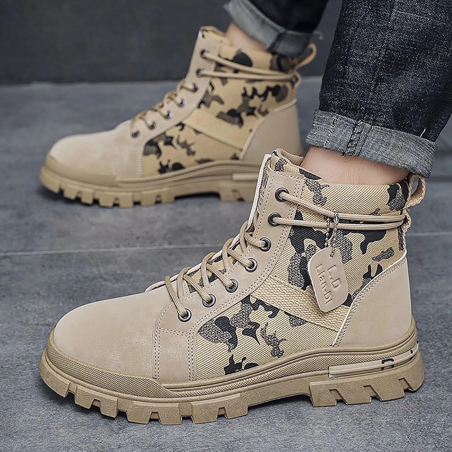 TERBOFIN Men's Fashion Boots High-top Hiking Shoes for Men Canvas Casual Boots for Work Outdoor Camouflage Upper