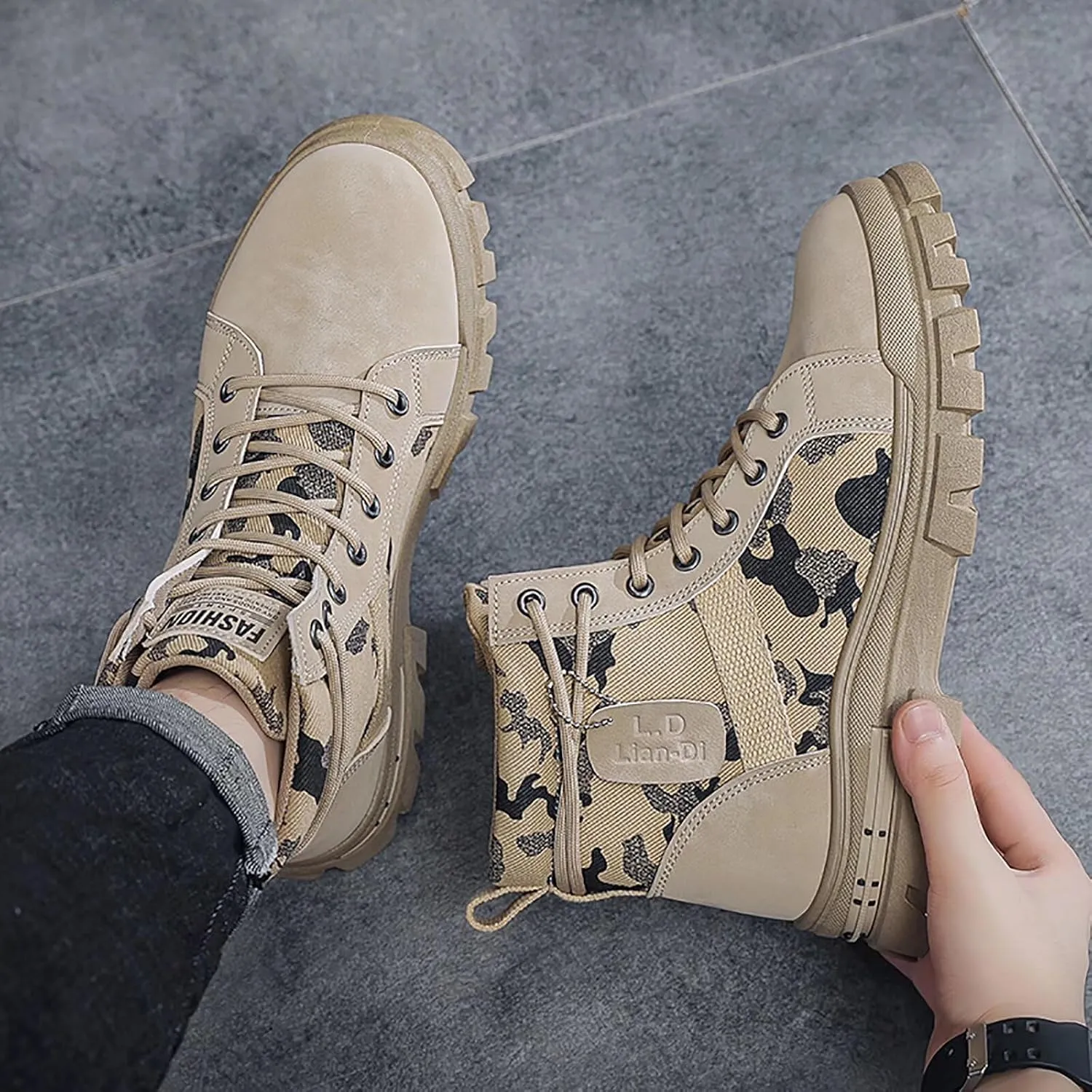 TERBOFIN Men's Fashion Boots High-top Hiking Shoes for Men Canvas Casual Boots for Work Outdoor Camouflage Upper