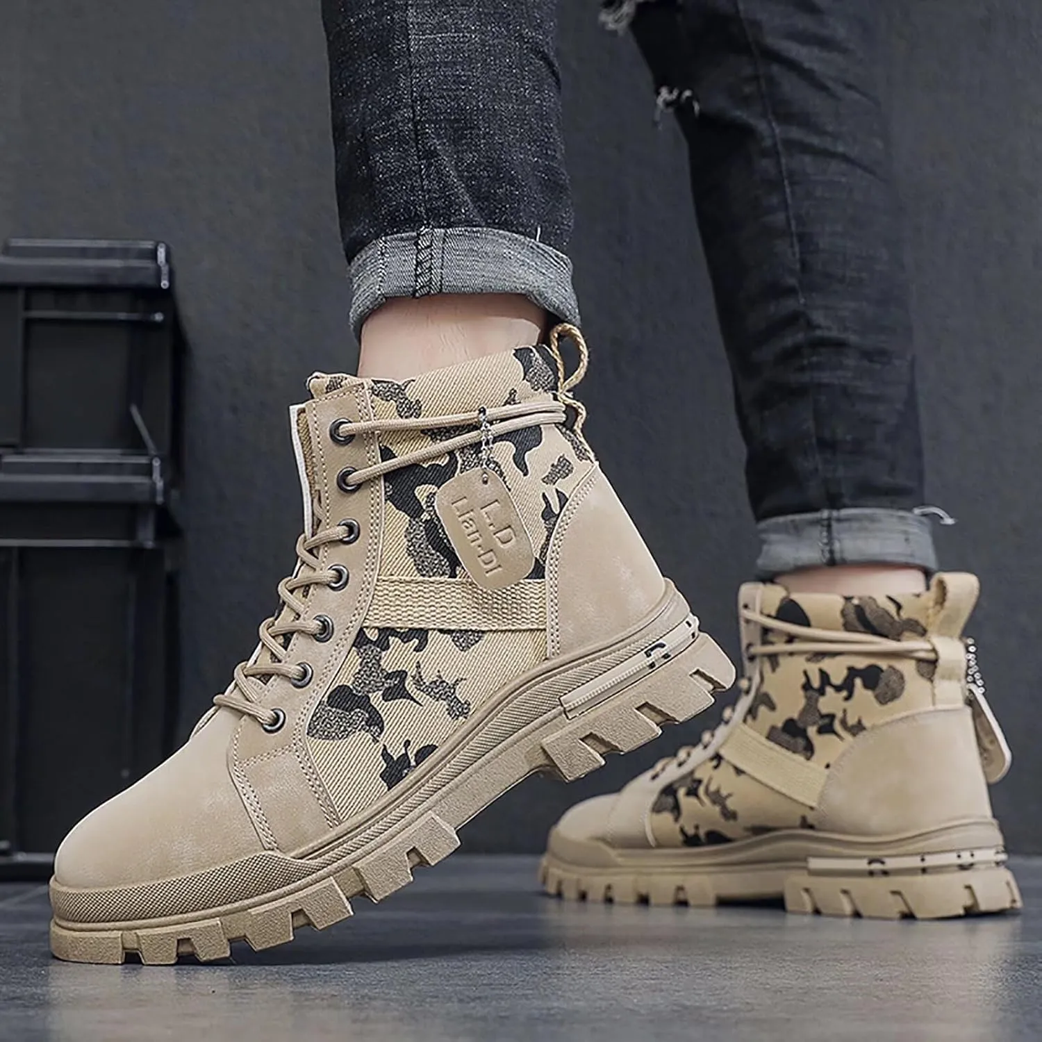 TERBOFIN Men's Fashion Boots High-top Hiking Shoes for Men Canvas Casual Boots for Work Outdoor Camouflage Upper