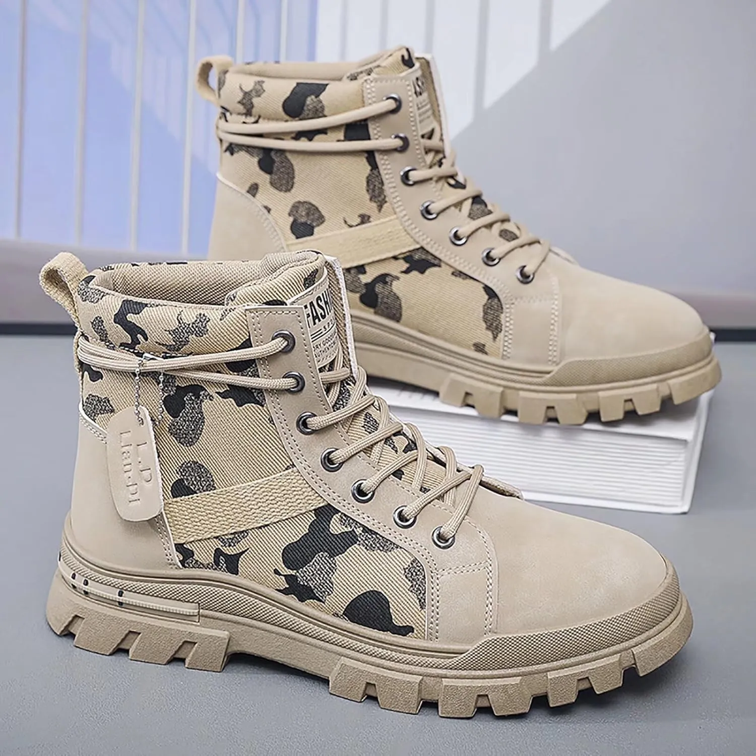 TERBOFIN Men's Fashion Boots High-top Hiking Shoes for Men Canvas Casual Boots for Work Outdoor Camouflage Upper