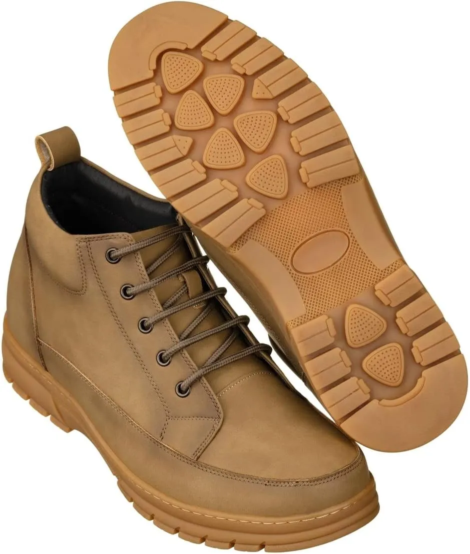 TOTO Men's Invisible Height Increasing Elevator Shoes - Khaki Premium Leather Lace-up Hiking-Style Boots - 2.8 Inches Taller - K11552 - Size 6.5 D(M) US