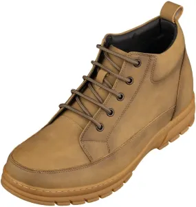 TOTO Men's Invisible Height Increasing Elevator Shoes - Khaki Premium Leather Lace-up Hiking-Style Boots - 2.8 Inches Taller - K11552 - Size 6.5 D(M) US