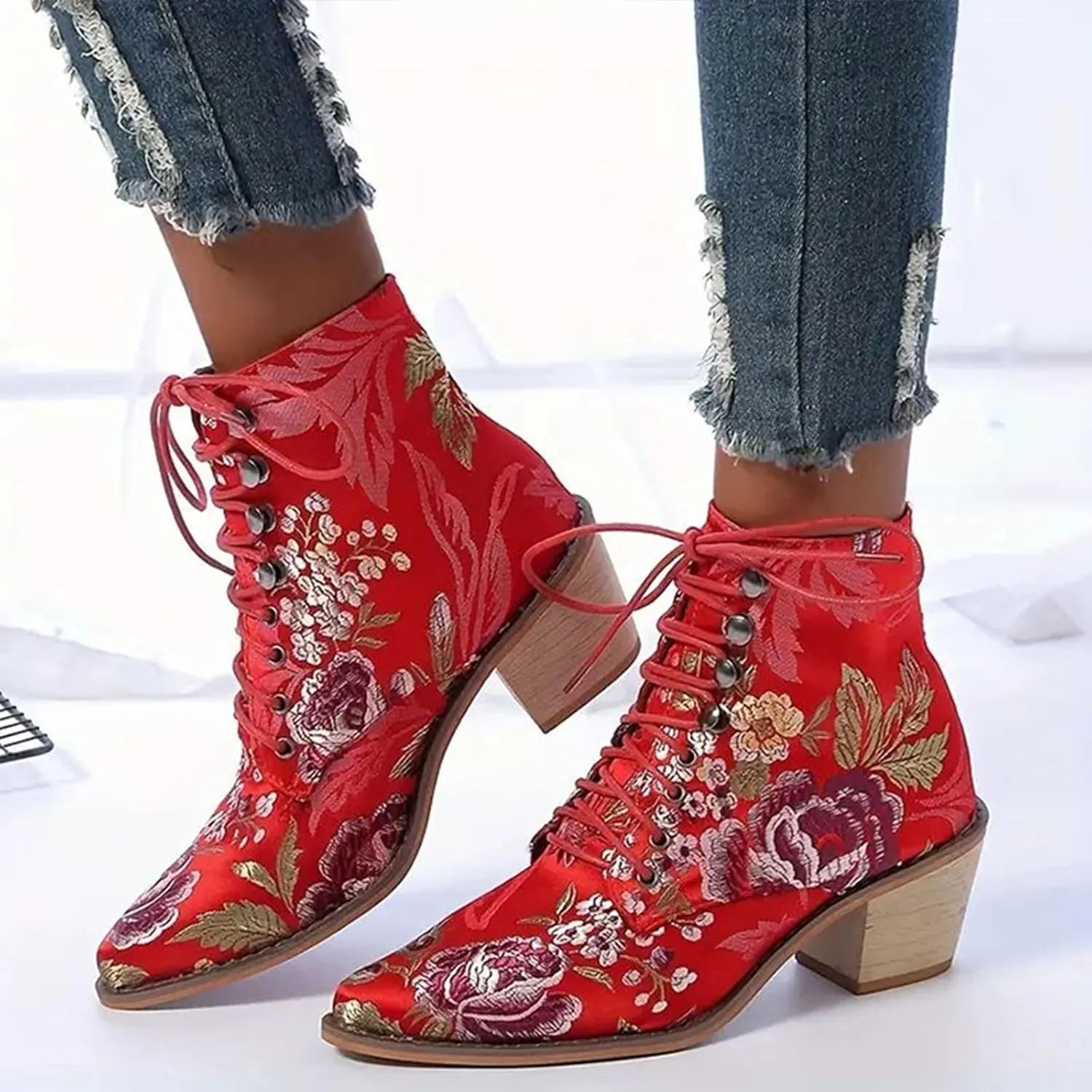 Women Ankle Boots Flower Embroidered Women Boots Lace up with Patch Pointed Toe Chunky Heel Lace up Embroidery Flower