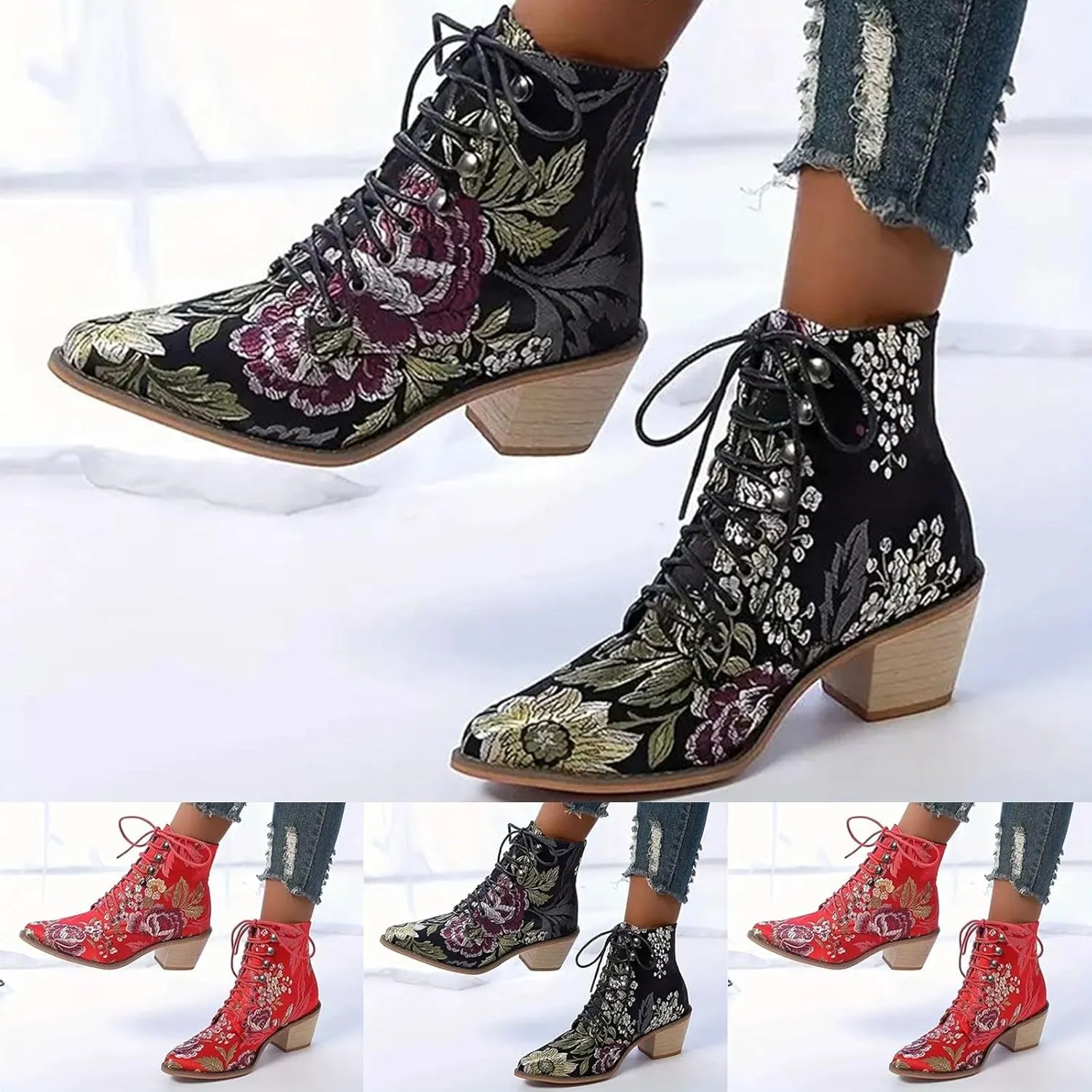 Women Ankle Boots Flower Embroidered Women Boots Lace up with Patch Pointed Toe Chunky Heel Lace up Embroidery Flower