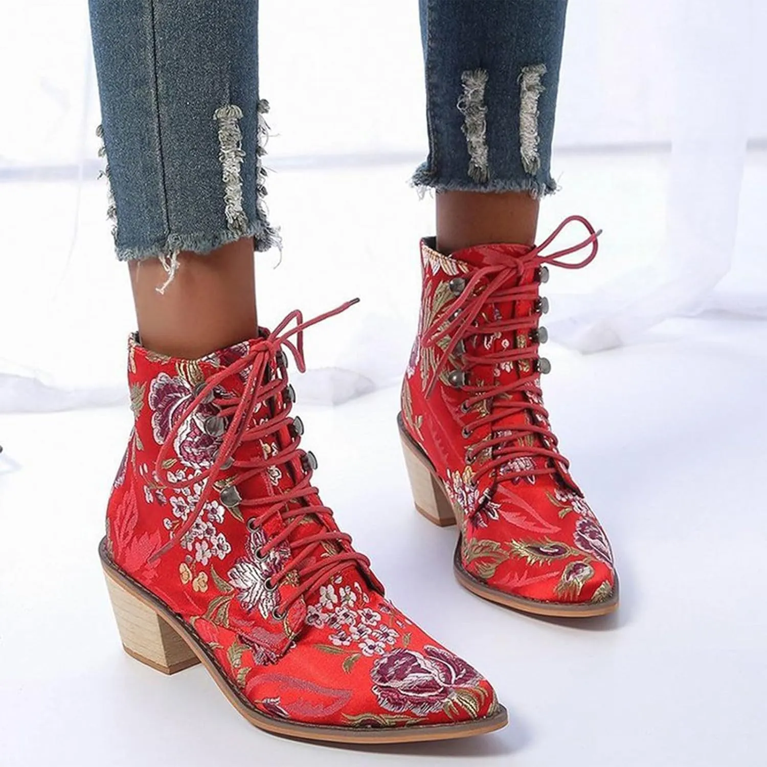 Women Ankle Boots Flower Embroidered Women Boots Lace up with Patch Pointed Toe Chunky Heel Lace up Embroidery Flower