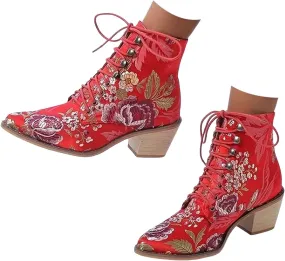 Women Ankle Boots Flower Embroidered Women Boots Lace up with Patch Pointed Toe Chunky Heel Lace up Embroidery Flower