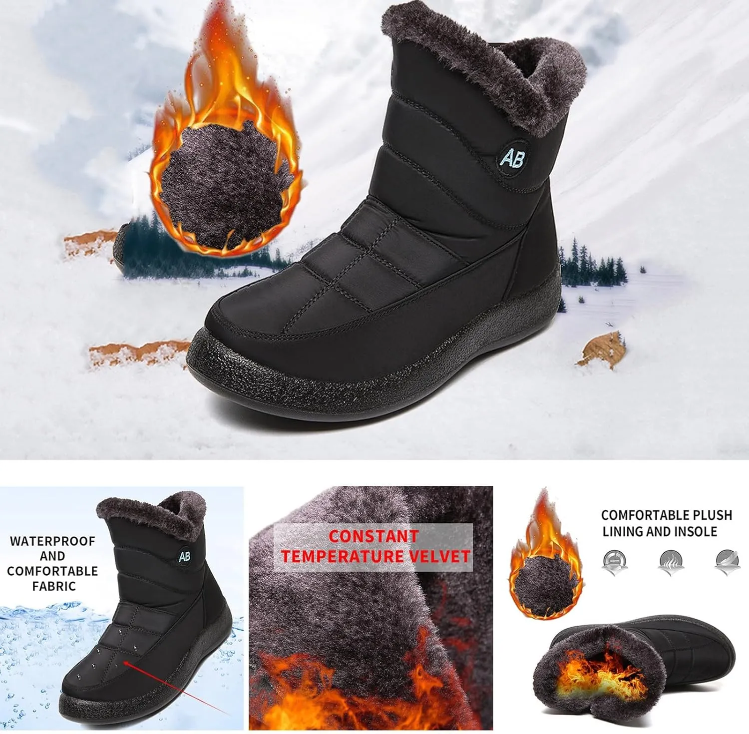 Womens Snow Boots Waterproof,Casual Cold-Weather Warm Winter Boots Women,High Top Trekking Walking Womens Slip On Winter Shoes,Non-Slip Rubber Outsole
