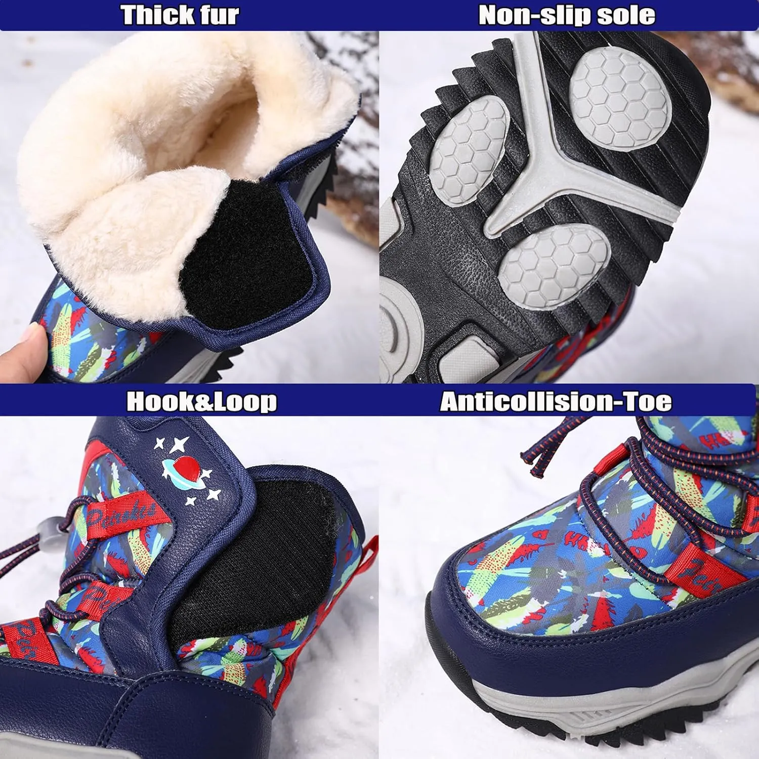 WUIWUIYU Kids Boys Girls Outdoors Lightweight Thick Fur Lined Hook&Loop Antislip Winter Snow Boots Cute Booties