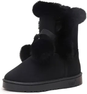 WUIWUIYU Women's Cute Pom-pom Lace Up Fur Winter Snow Boots Sweetheart Princess Fluffy Boots